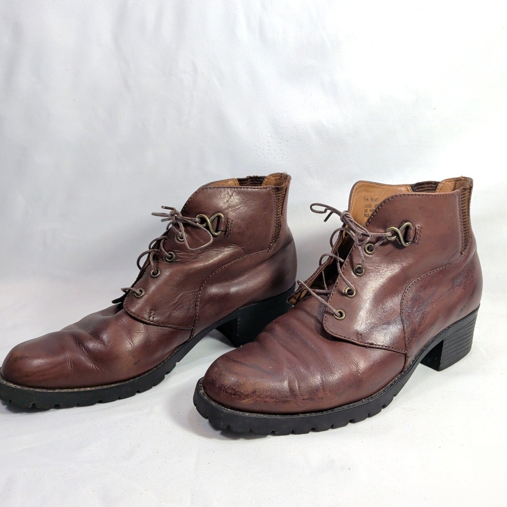 Nicole Brown Leather Ankle Boots; Lug Sole Lace Up Block Heel